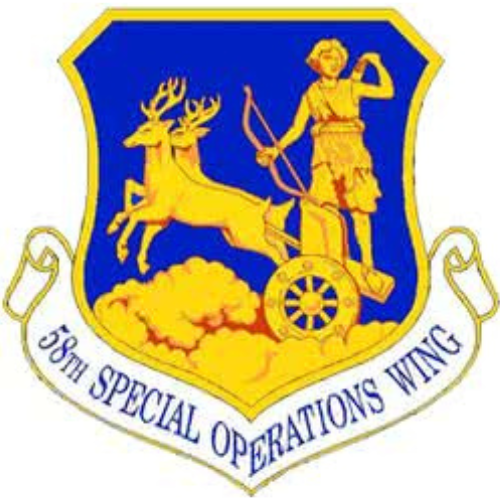 Insignia of the 58th special operations wing, embodying leadership, features a figure with a bow and arrow riding a chariot pulled by a deer on a blue and gold shield.