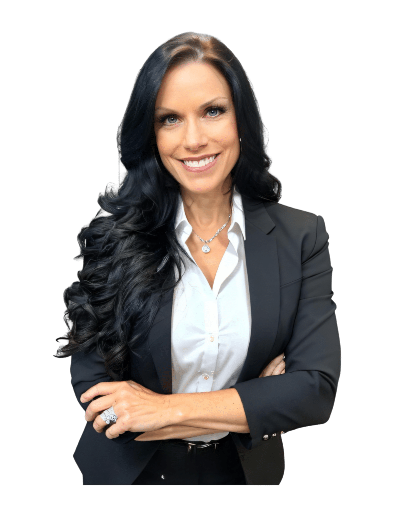 A woman in a business suit posing for a photo demonstrating leadership.