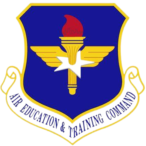 Emblem of the leadership coaching air education and training command with a torch and wings on a blue shield.