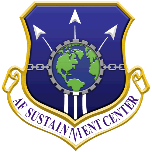 Emblem of the air force sustainment center, symbolizing leadership, with a stylized globe and shield design.