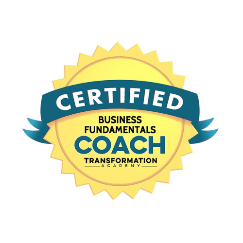 Gold and blue certified leadership and business fundamentals coach badge from Transformation Academy.