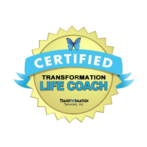 A digital badge illustrating a "certified transformation life coach" accreditation by Transformation Services, Inc., specializing in leadership coaching.