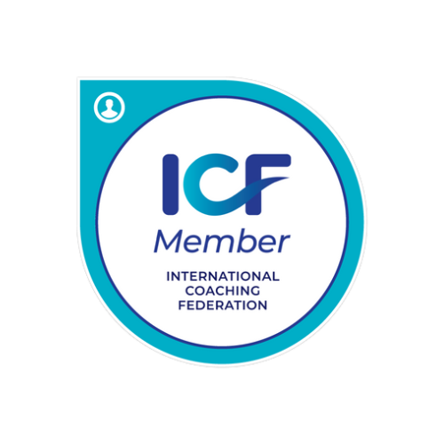 Icf member badge representing membership in the international coaching federation under the leadership category.