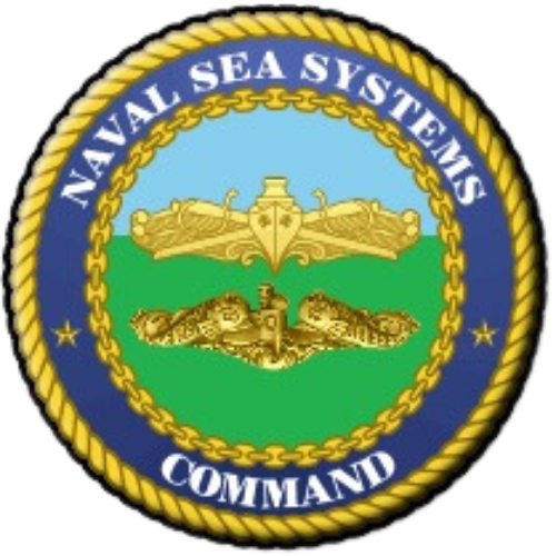 Emblem of the naval sea systems command featuring an eagle, ship, and submarine on a leadership blue and gold background.