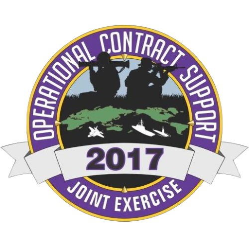 Emblem for operational contract support joint exercise 2017 featuring two silhouetted figures, aircraft, and maritime elements under the guidance of leadership coaching.