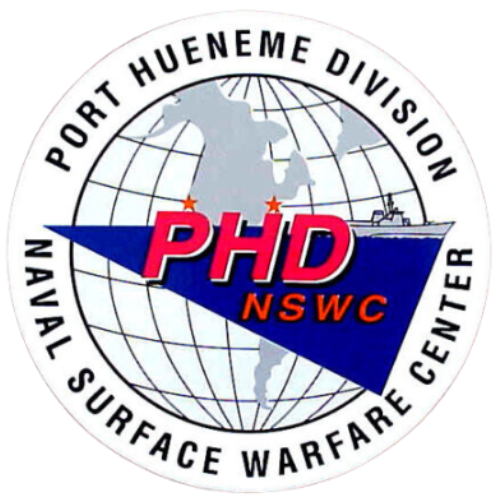 Logo of the Port Hueneme Division of the Naval Surface Warfare Center (PHD NSWC) featuring a world map, a red swoosh, and a leadership coaching navy ship silhouette.