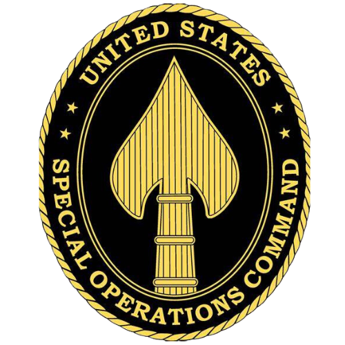 Emblem of the United States Special Operations Command, symbolizing leadership, displaying a sword with arrowhead design on a dark background with a circular golden border.