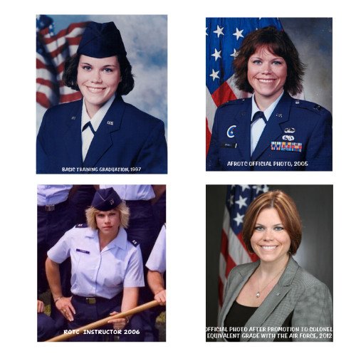 A career progression in the u.s. air force depicted through uniformed portraits from basic training to a high-ranking officer.