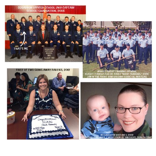 A collage of personal milestone photographs including a military school graduation, a going away party, flight crew training, and a mother with her child.