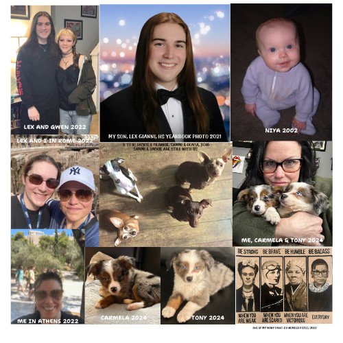 A collage of personal photographs including family portraits, individual shots, baby photos, and pictures with pets, spanning across different years as denoted by the labels.