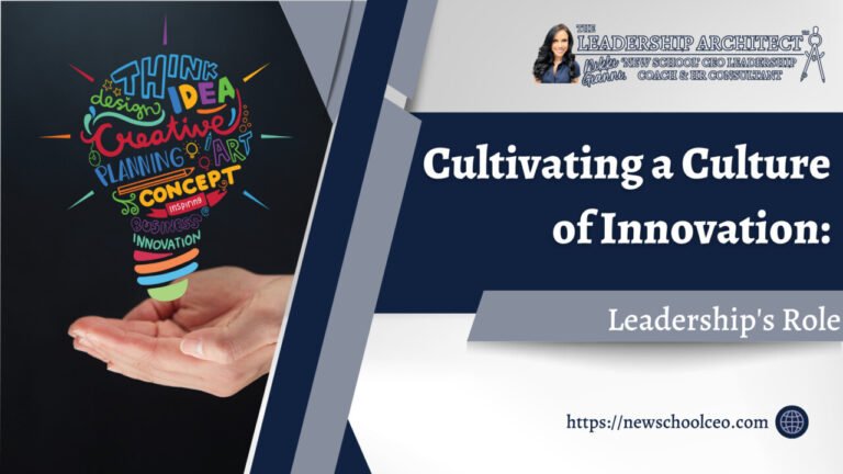 A hand opening a dark-colored book with colorful infographic elements symbolizing innovation and creativity, alongside text about cultivating a culture of innovation in leadership.