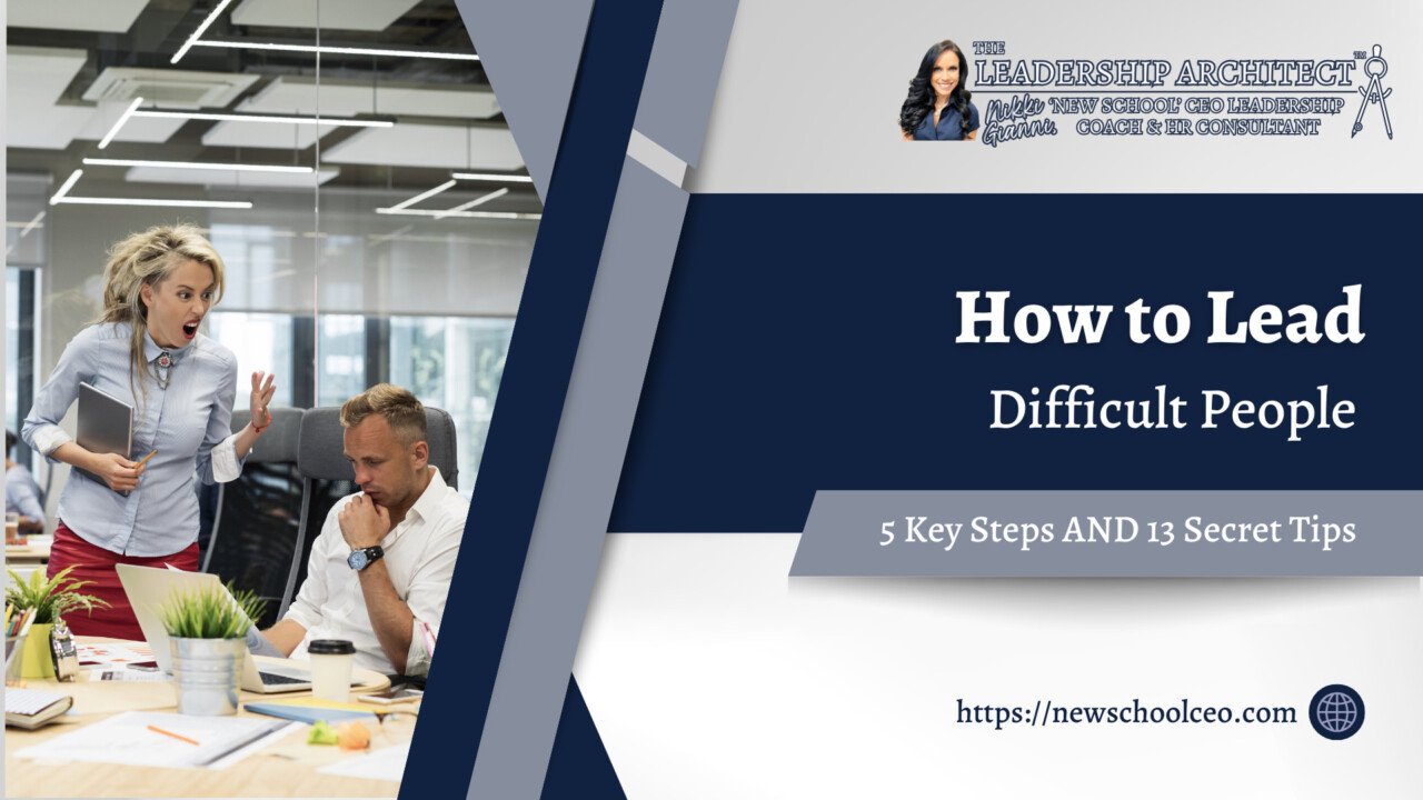 A presentation slide about "how to lead difficult people" with an image of one person appearing surprised or frustrated and another person sitting at a desk looking contemplative.