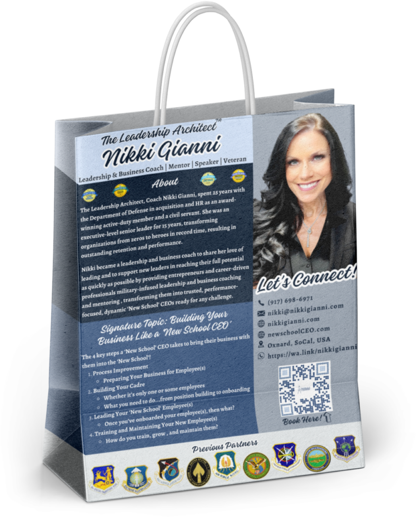 Promotional paper bag featuring a female leadership coach, with contact information, services offered, and military insignia for credibility.