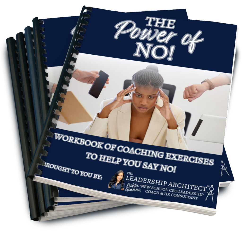 A stacked pile of workbooks titled "the power of no!" featuring an image of a stressed woman touching her temples.